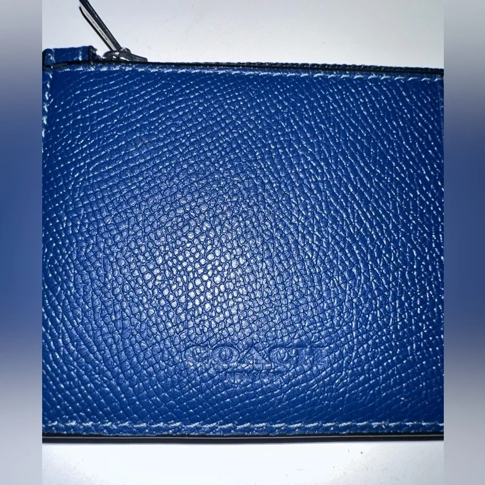 Coach Pebbled Leather Zip Card Case Wallet | Blue | Key Ring